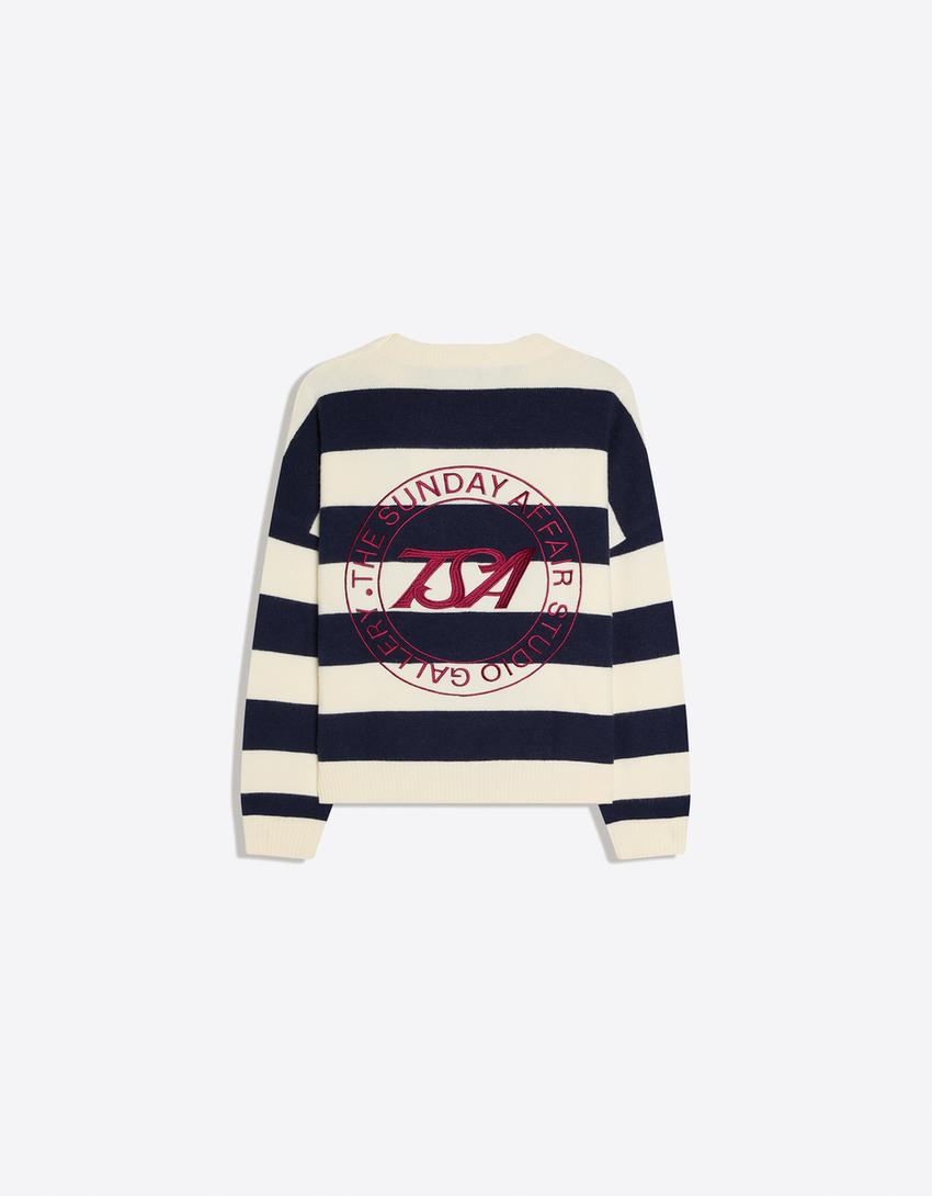 Jersey cuello redondo rayas bordado-Marino