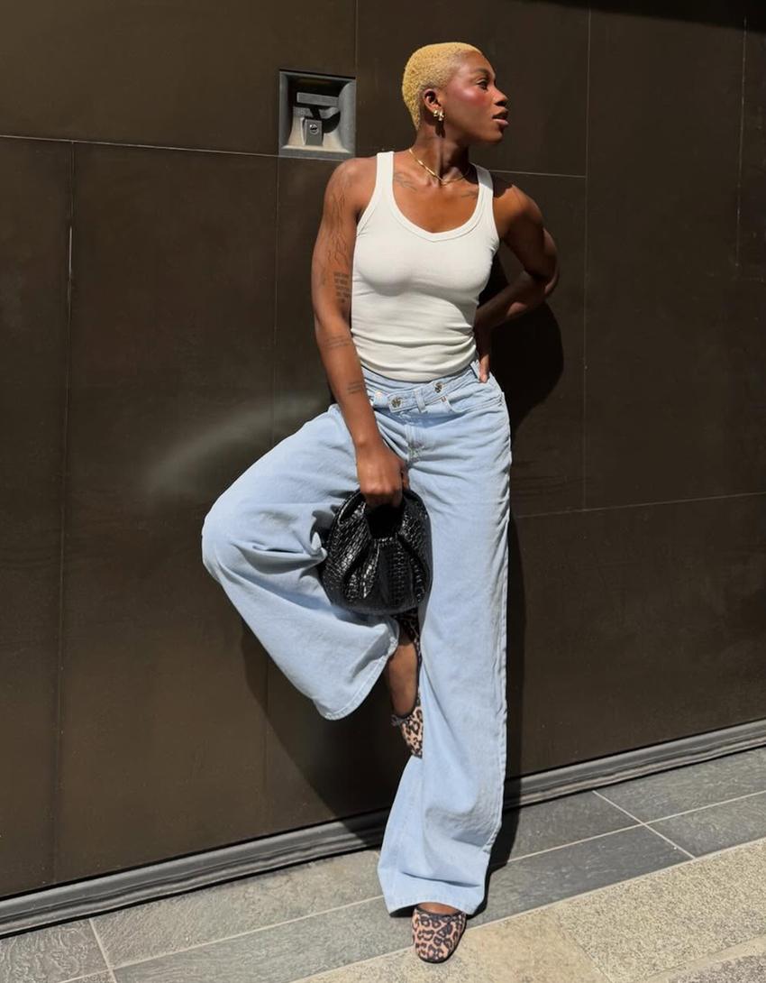 Jeans wide leg taille haute croisée-Bleu clair