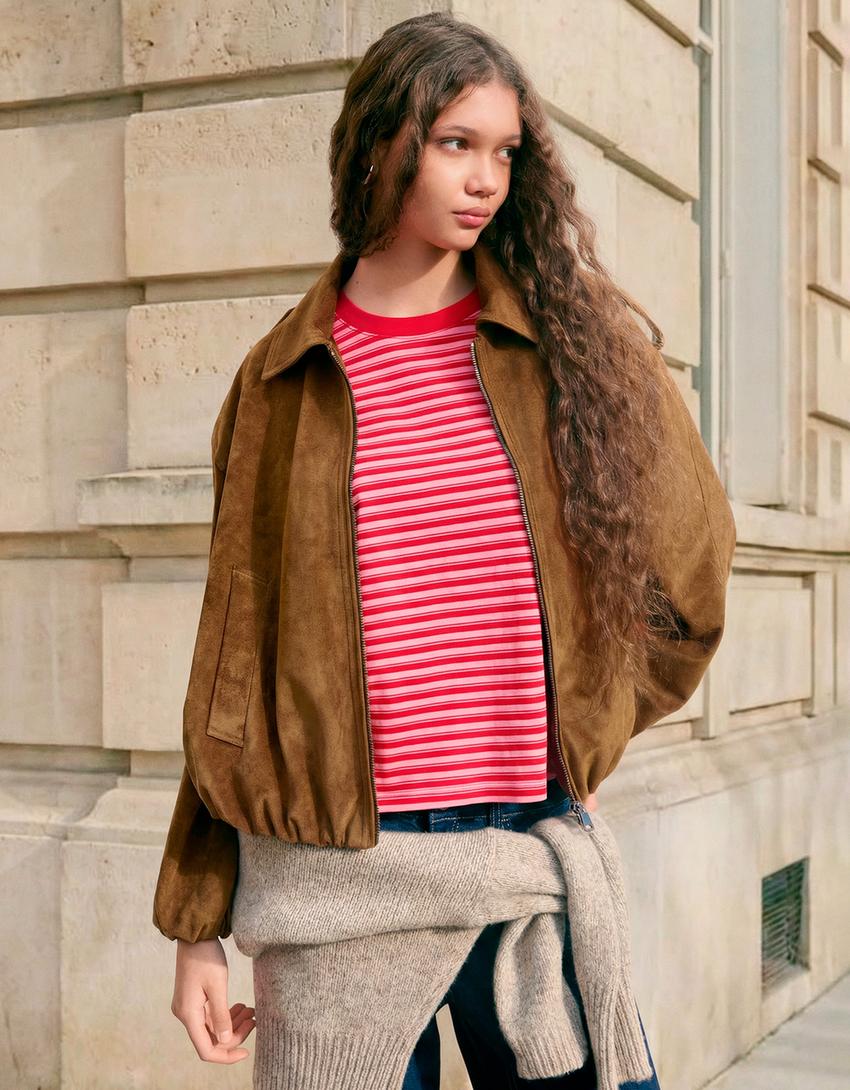 Faux suede balloon jacket-Camel