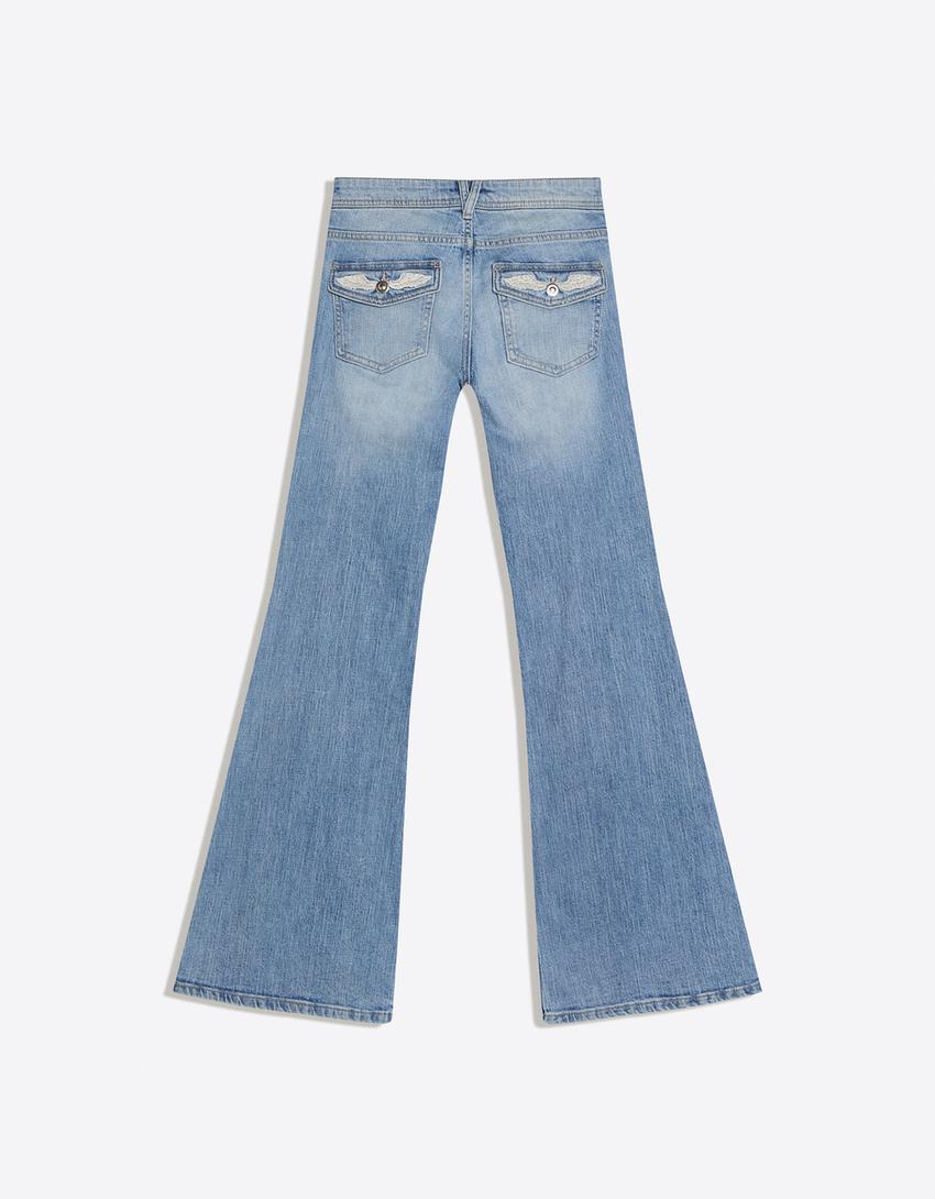 Düşük bel nakışlı flare fit jean-Açık mavi