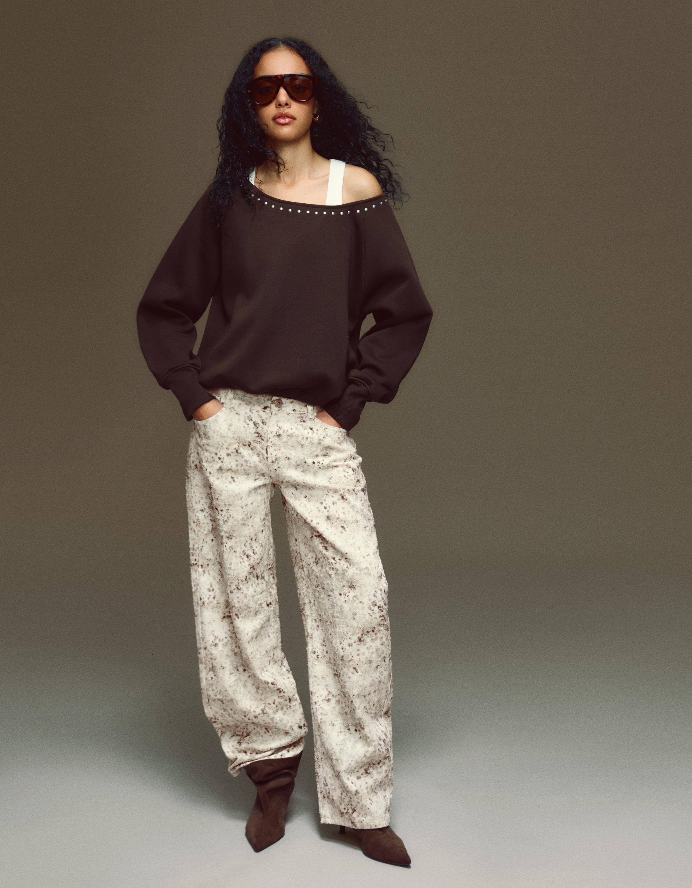 Düşük bel dokulu ve desenli baggy fit jean - Görsel 28