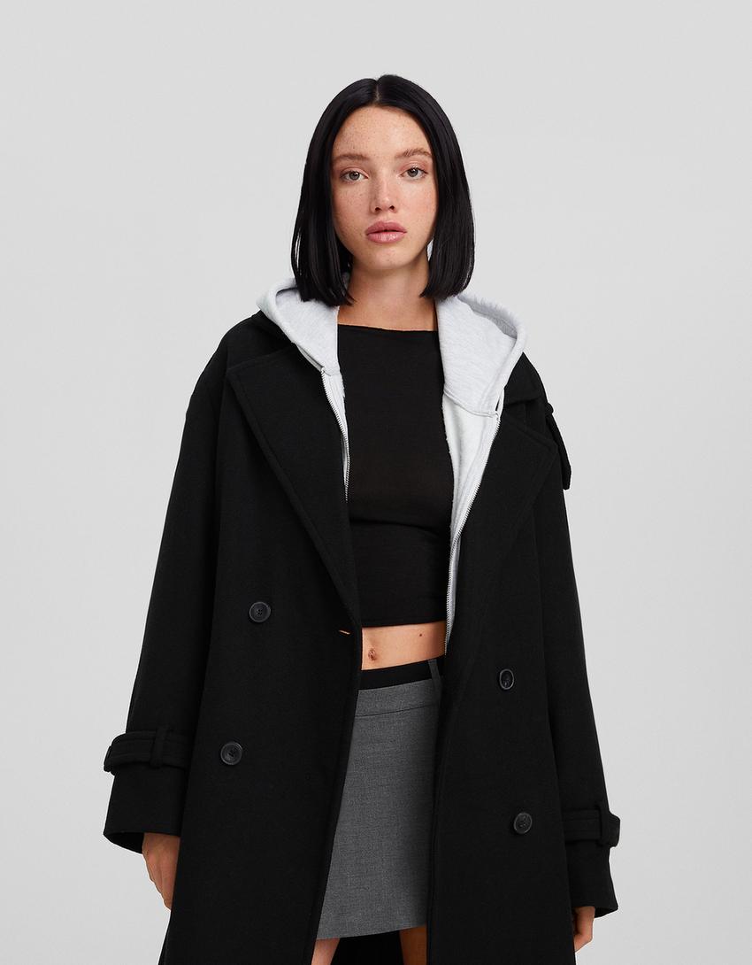 Manteau trench en laine-Noir-1