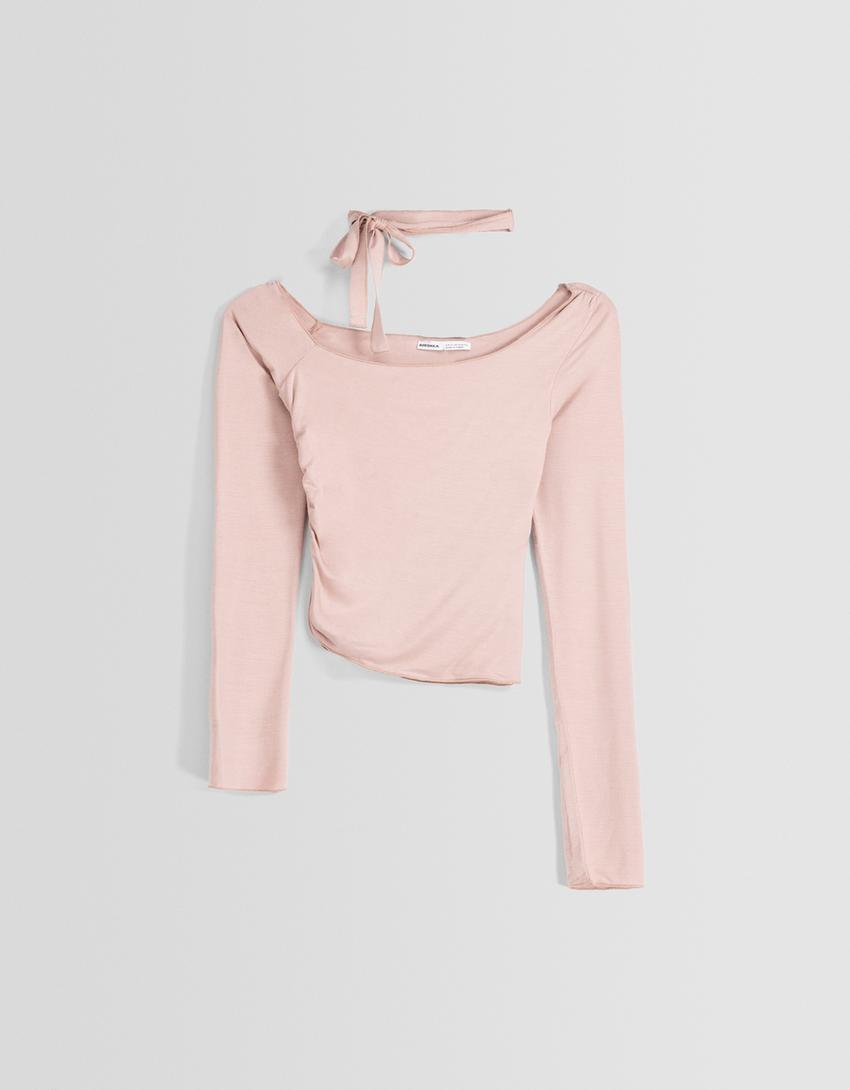 تيشرت وشاح غير متماثل بأكمام طويلة-زهري-4