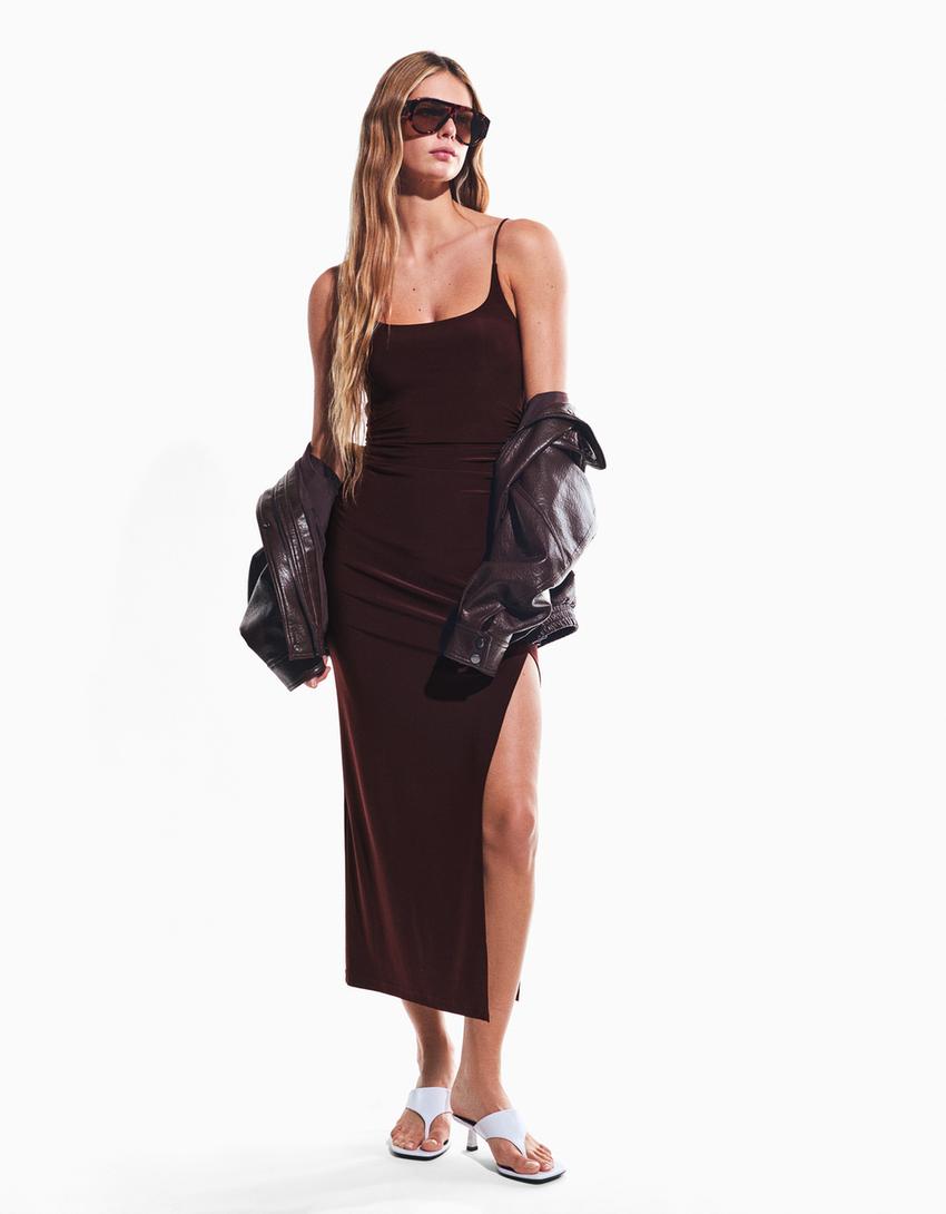 Ruched strap midi dress-Burgundy