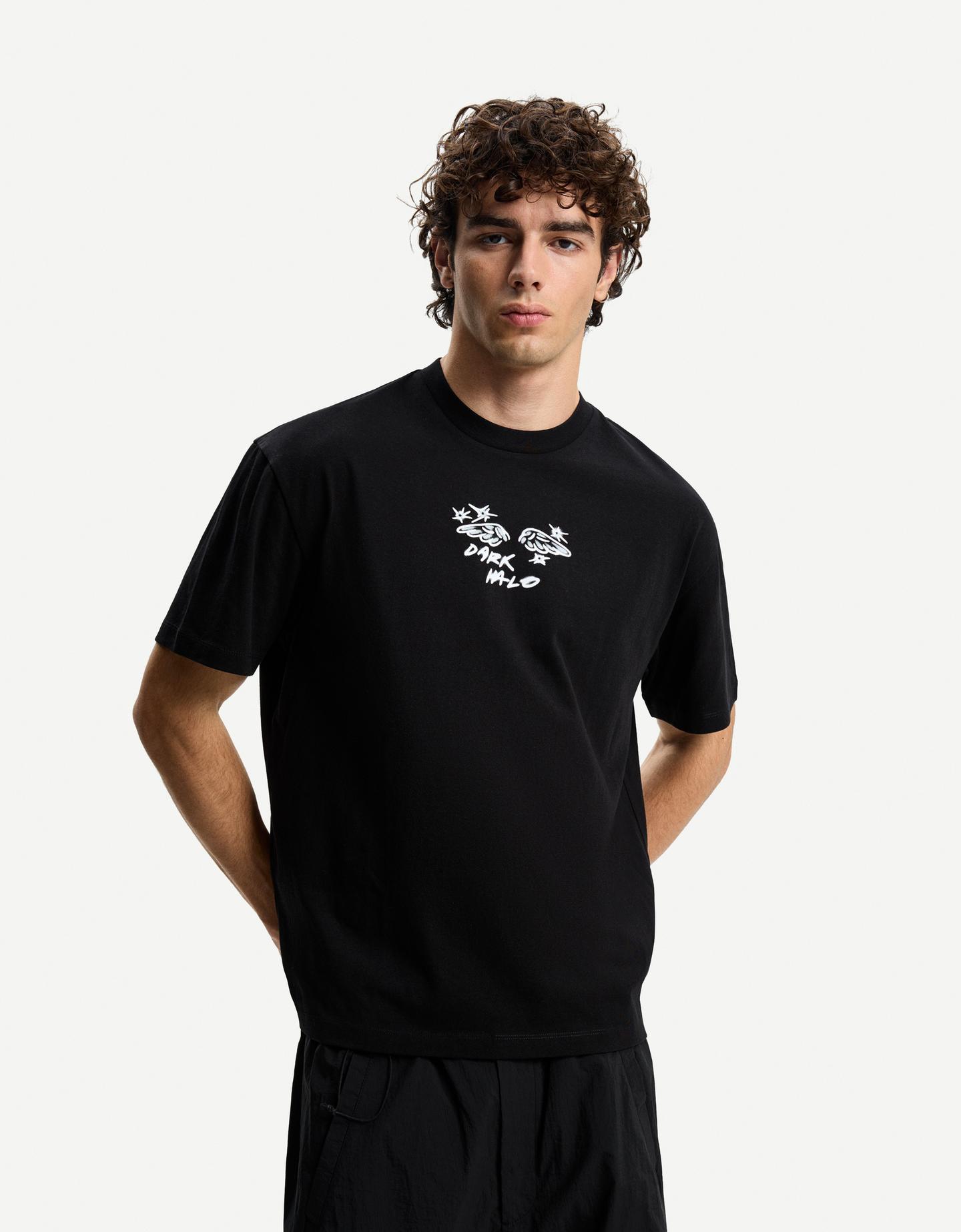 Bershka Camiseta Manga Corta Print Hombre M Negro