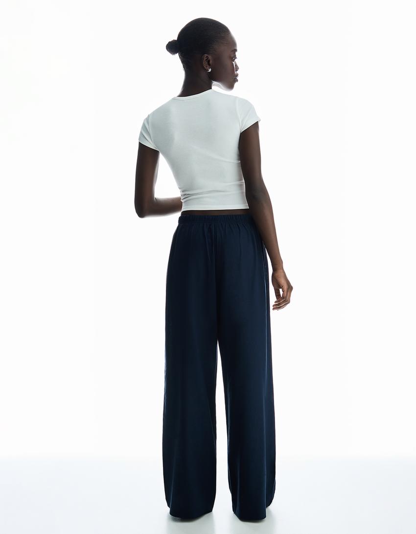 Linnenmix broek met elastische tailleband-Marineblau-2