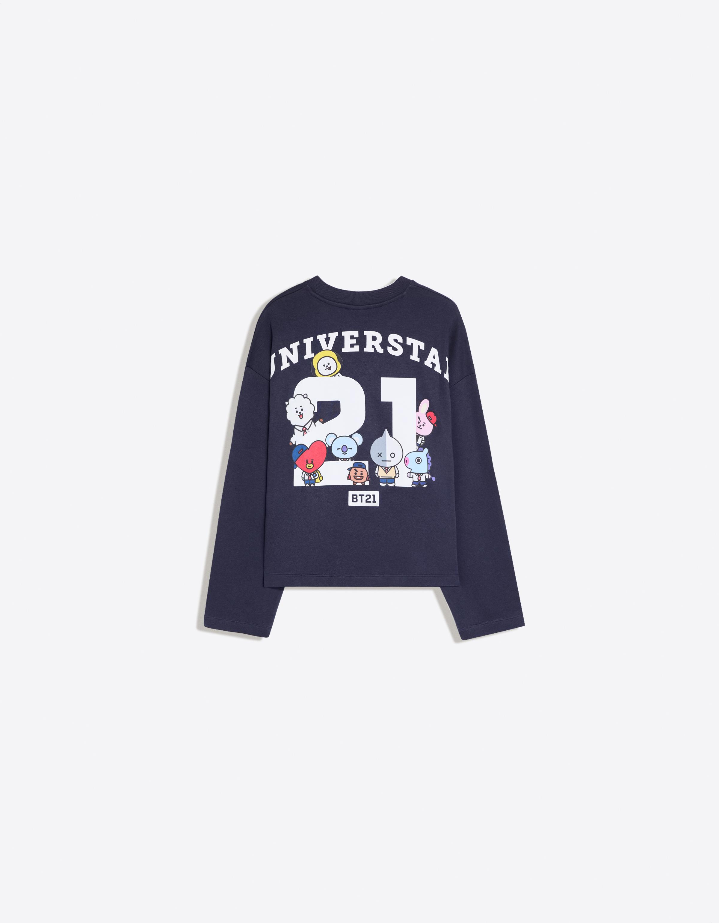 Bershka Bluza Z Okrągłym Dekoltem I Nadrukiem Bt21 Kobieta Granatowy