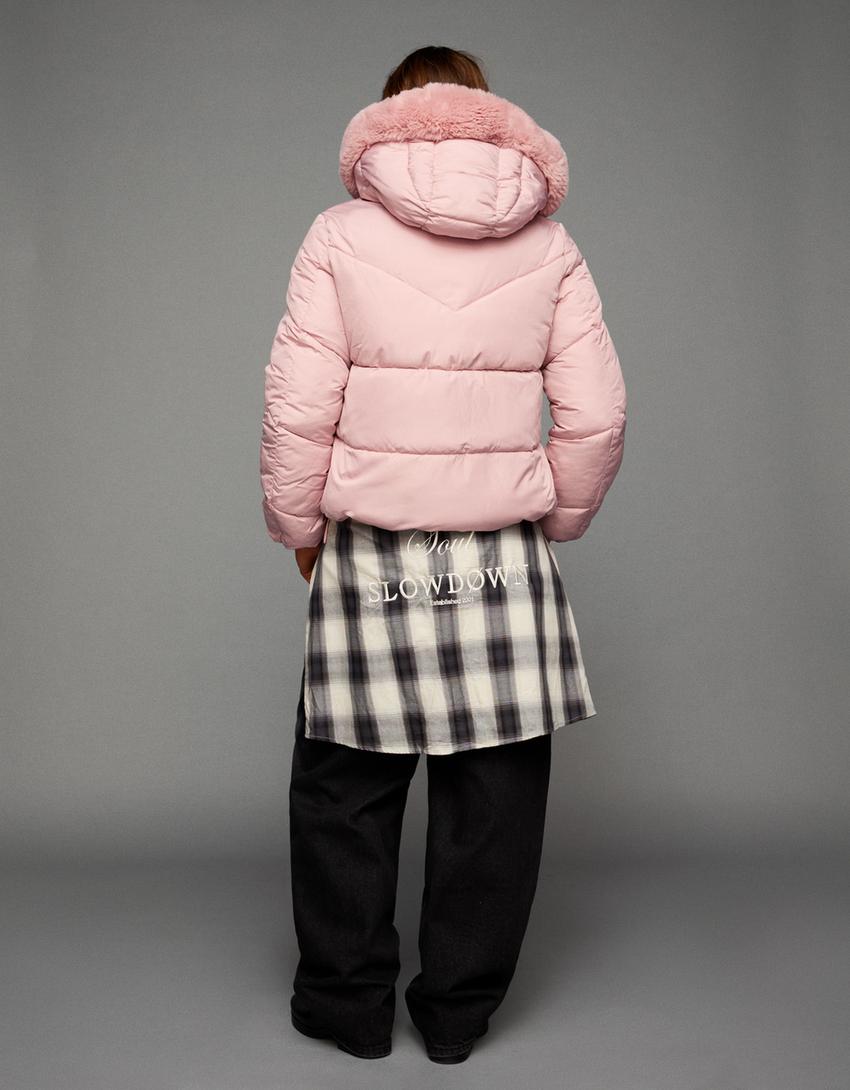 Water-repellent puffer jacket with faux fur hood-Pink