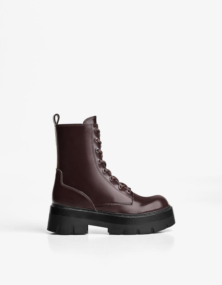 Lace-up track sole ankle boots-Maroon-0