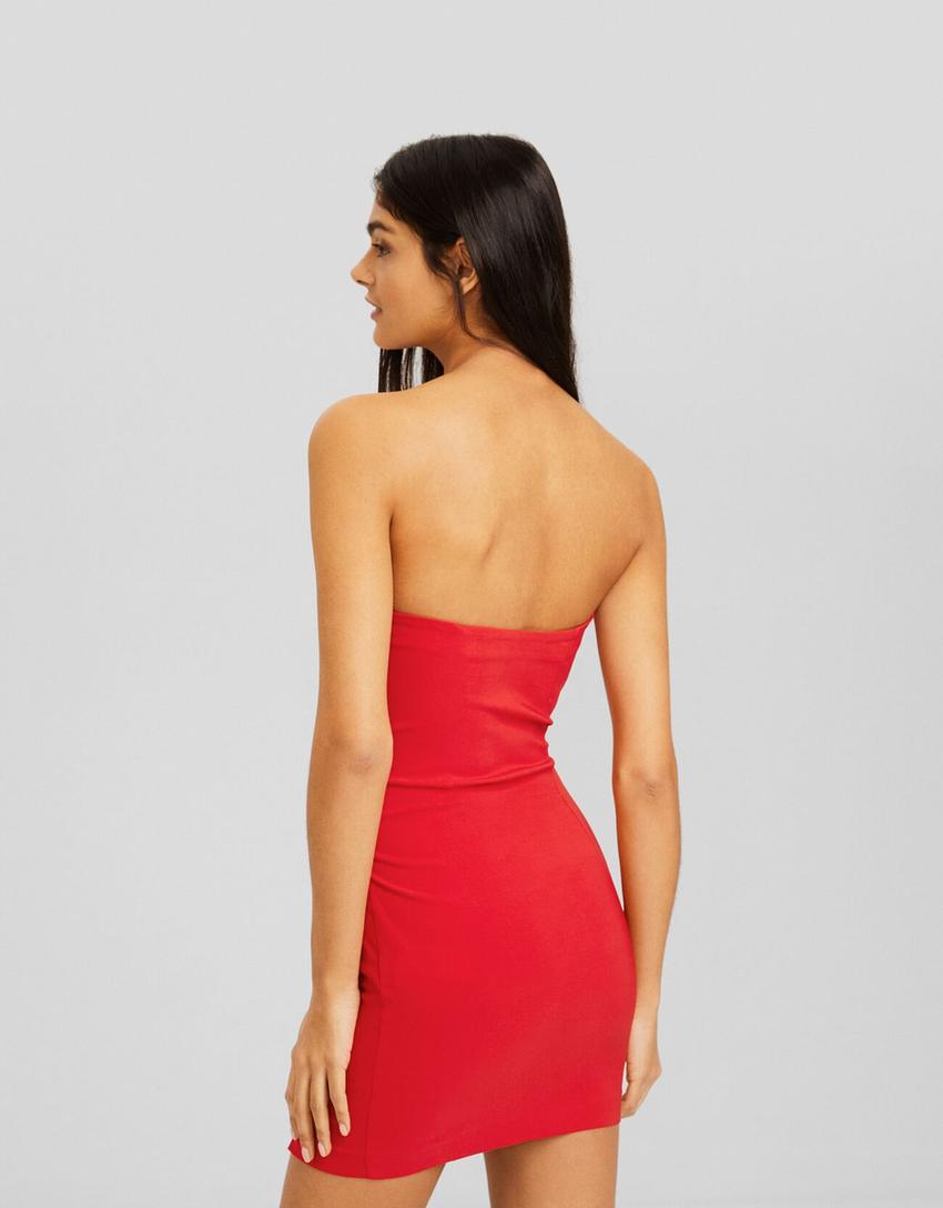 Off-the-shoulder mini dress with seams-Red-1