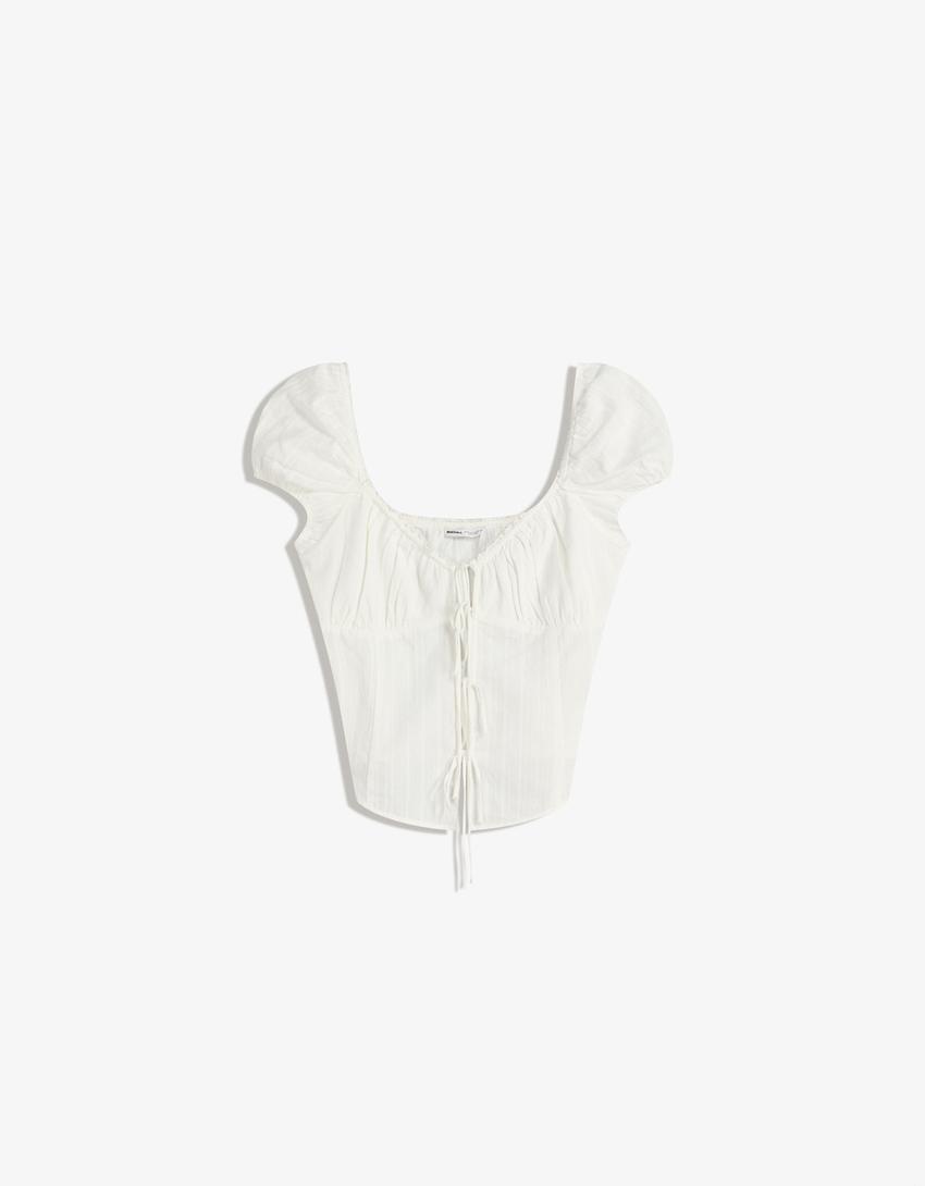 Blusa a maniche corte con struttura e lacci-Bianco-3