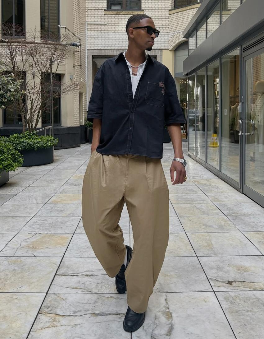 Chemise oversize brodée à manches courtes-Marine