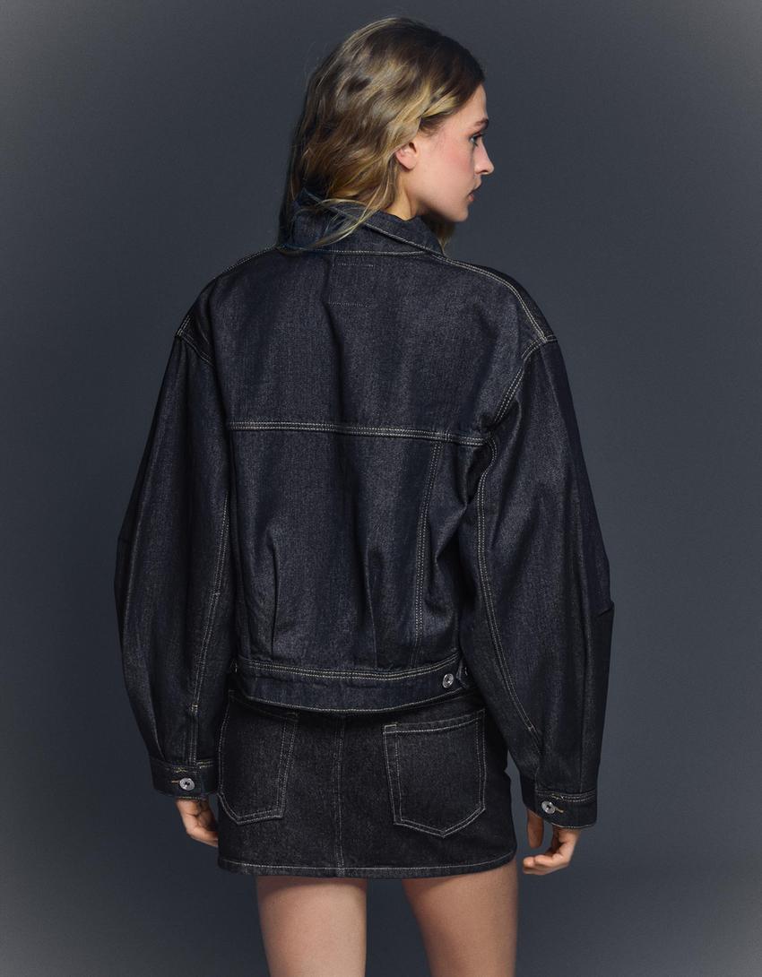 Cropped balloon denim jacket-Navy