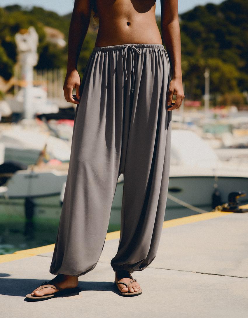 Flowing drop crotch pants-Sand