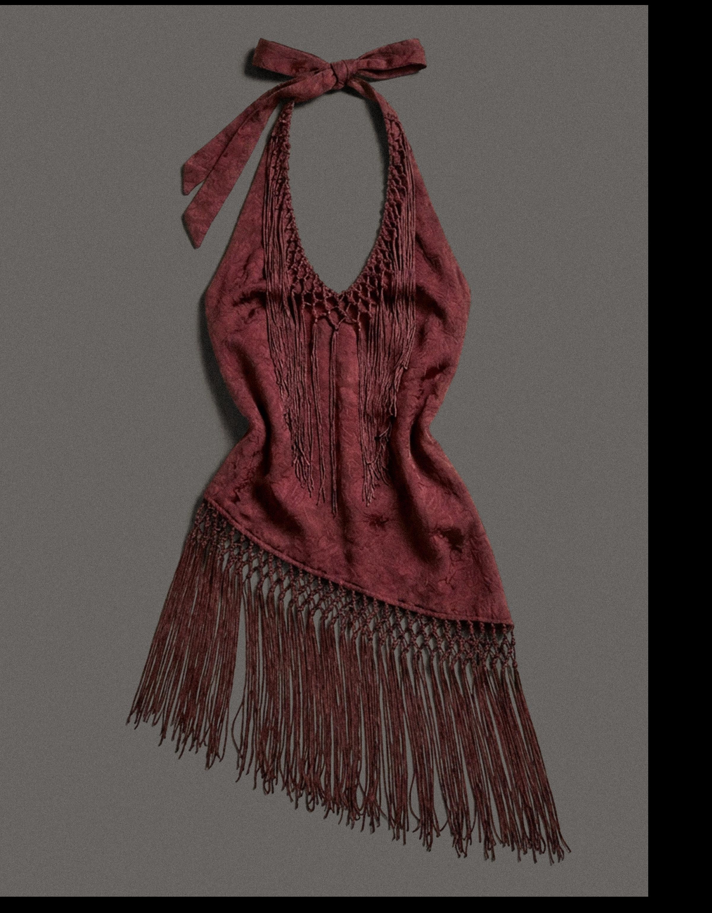 MARINA SENA fringed jacquard halter top — Maroon