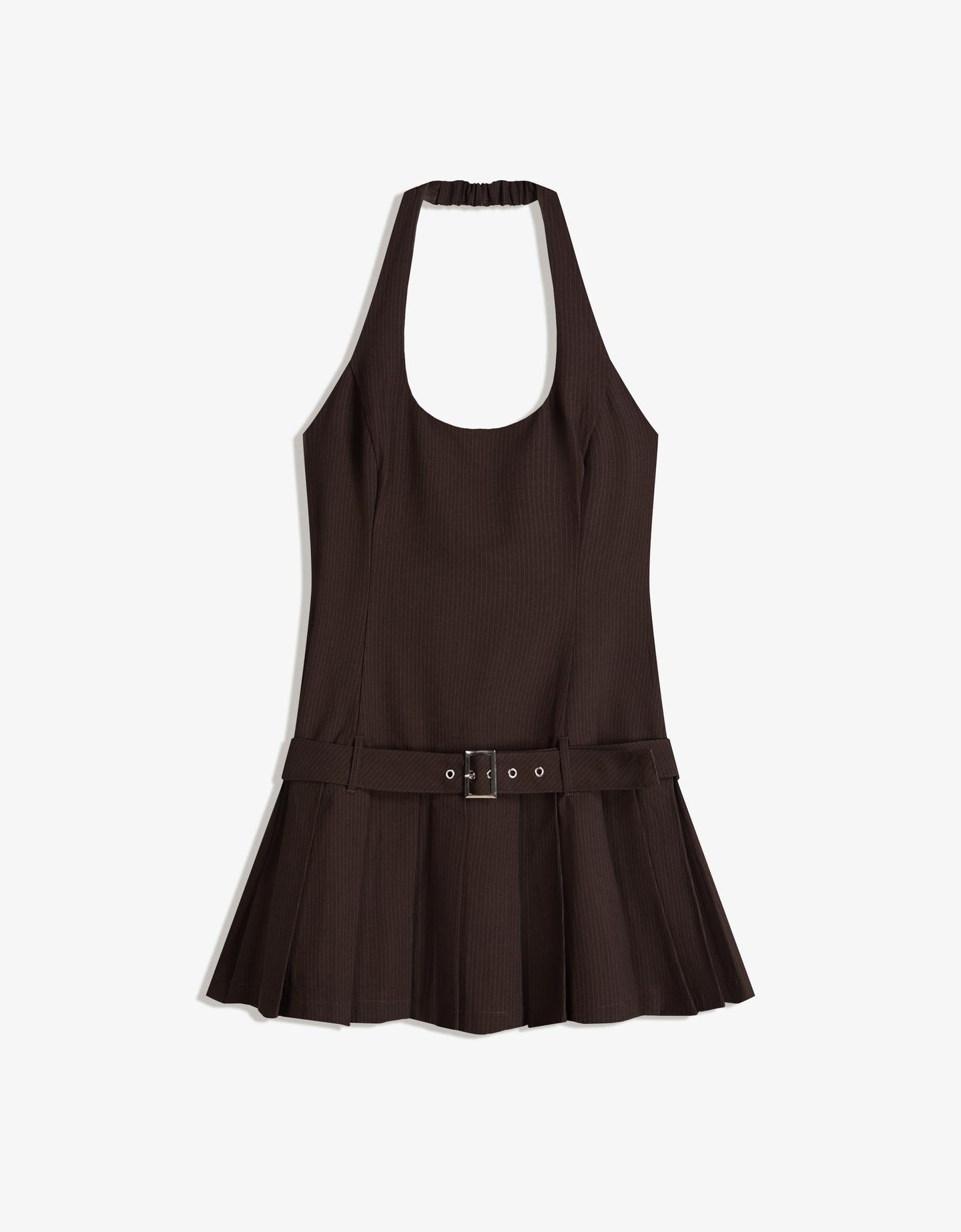 Bershka Vestido Mini Halter Cinturón Mujer S Marrón