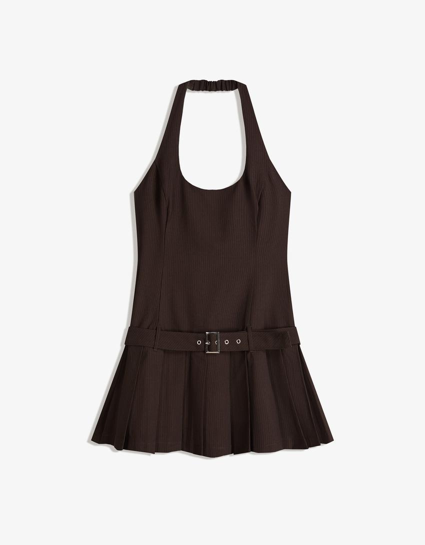 Halter mini dress with belt-Brown