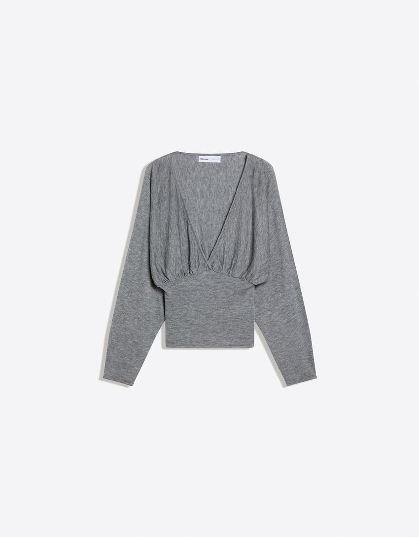 V-neck sweater with sash-Grey