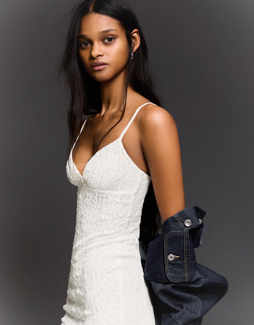 Lace strap midi dress-Off white