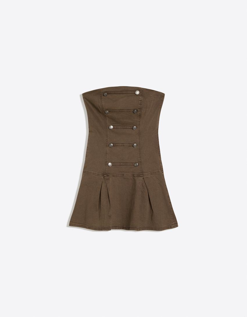 Off-the-shoulder mini dress with buttons-Brown