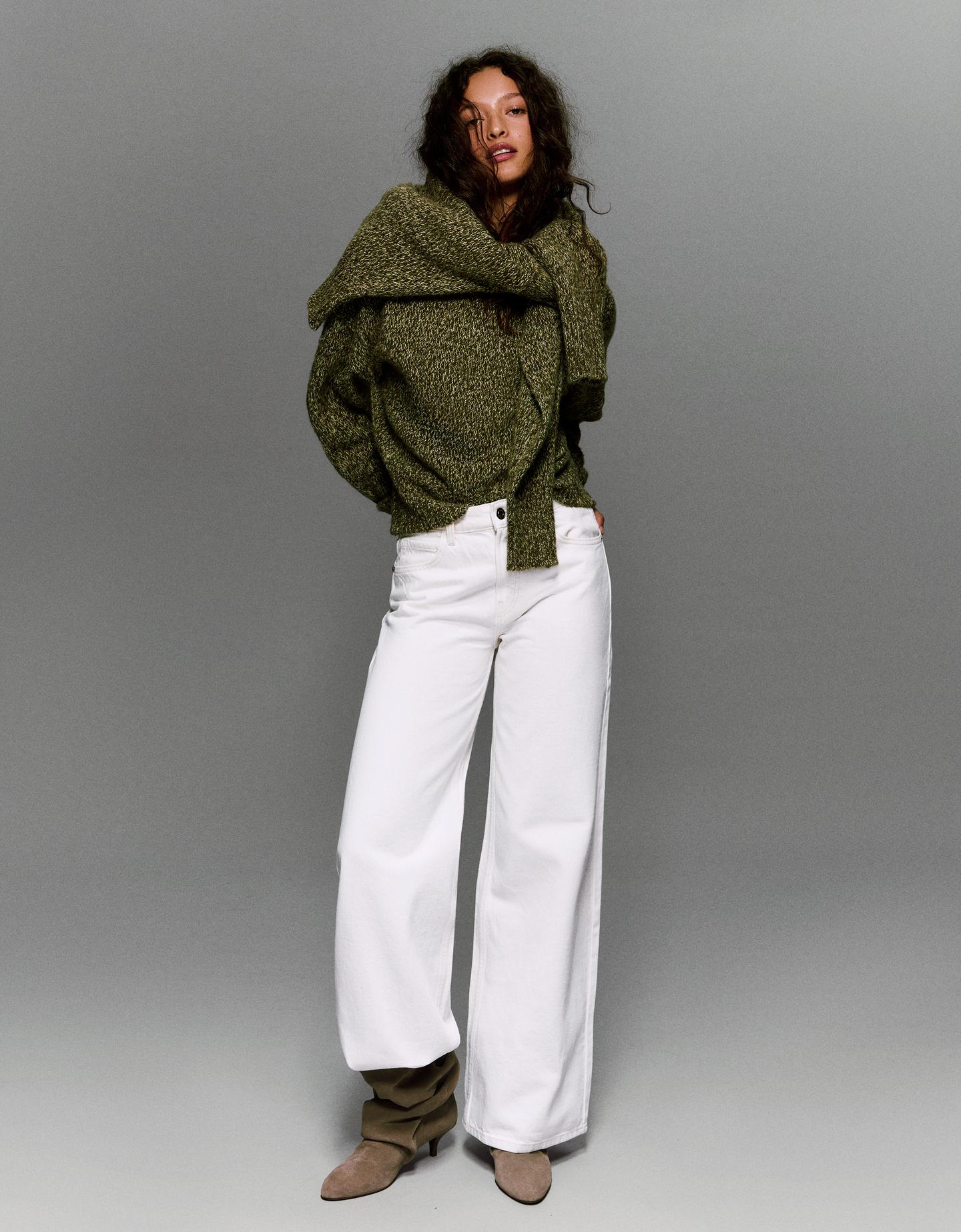 Bershka jeansy wide leg kremowy