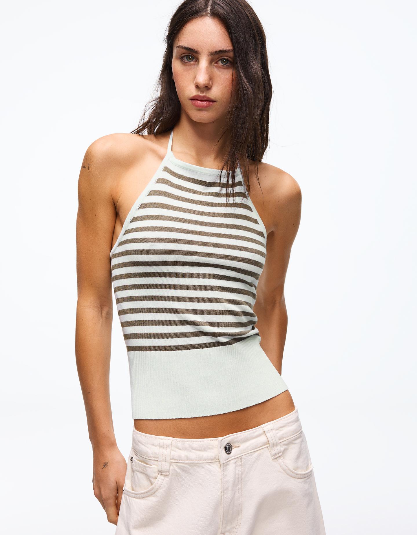 Bershka top halter w paski niebieski