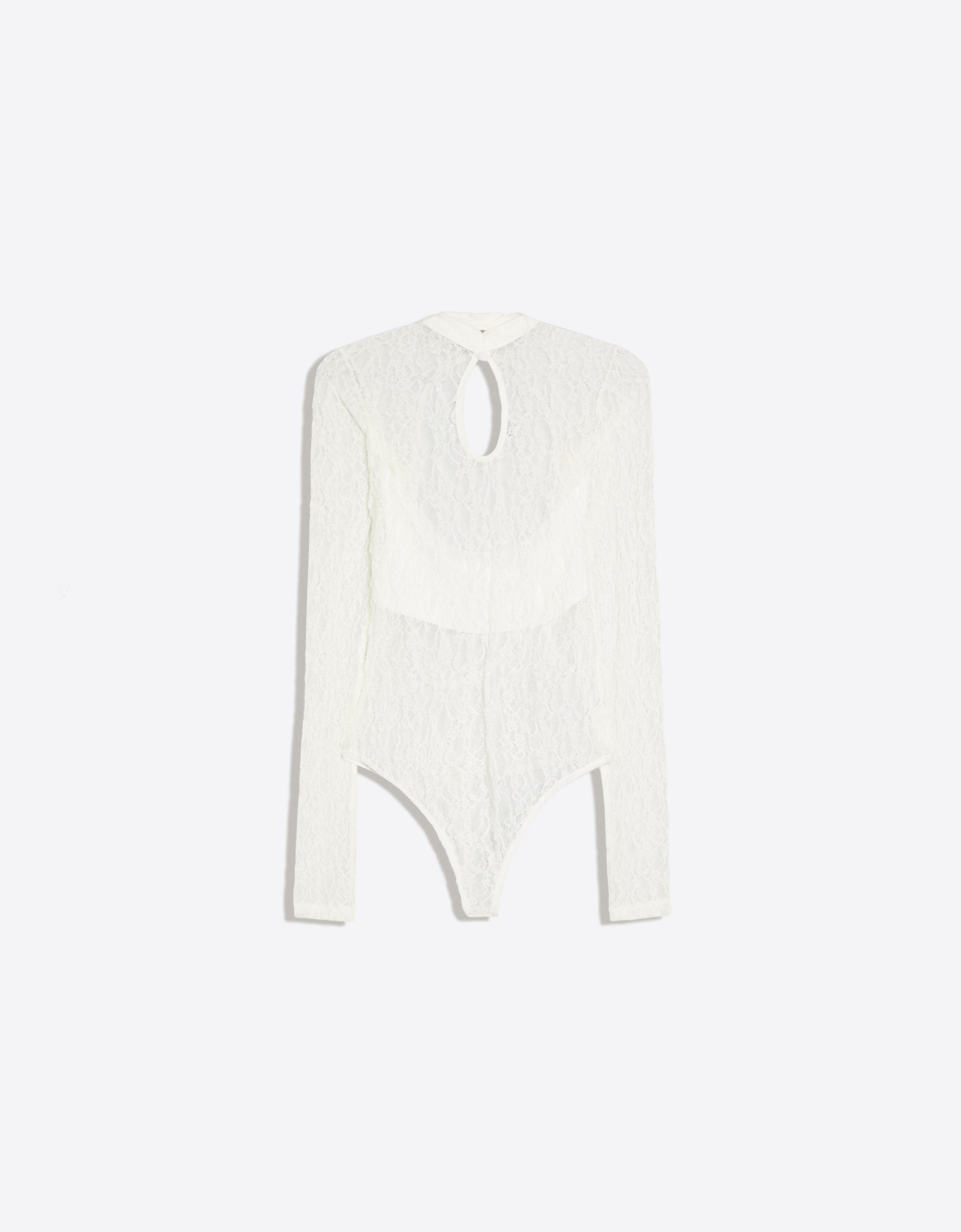 Bershka Body Manga Larga Abertura Escote Encaje Mujer L Blanco Roto