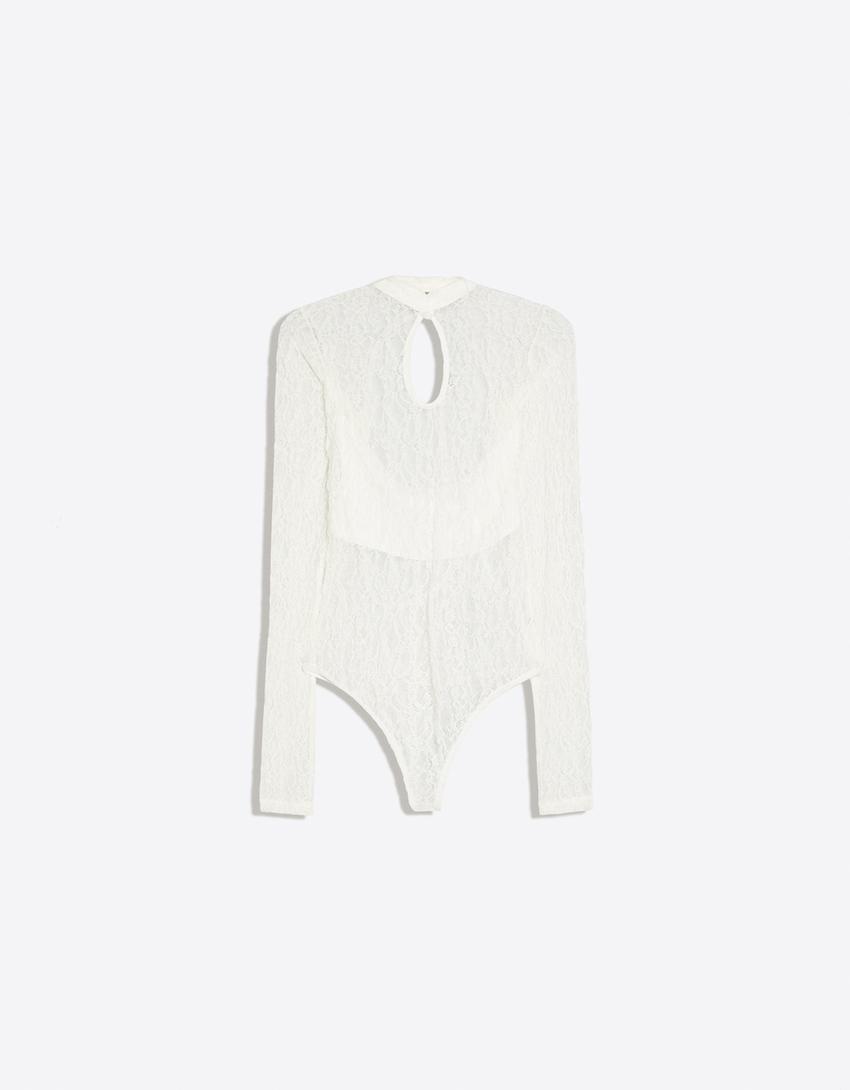 Long sleeve lace split neckline bodysuit-Off white