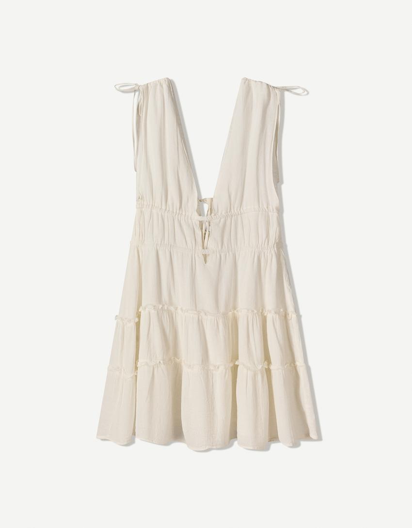 Ruffled mini dress with gathered detail-Off white