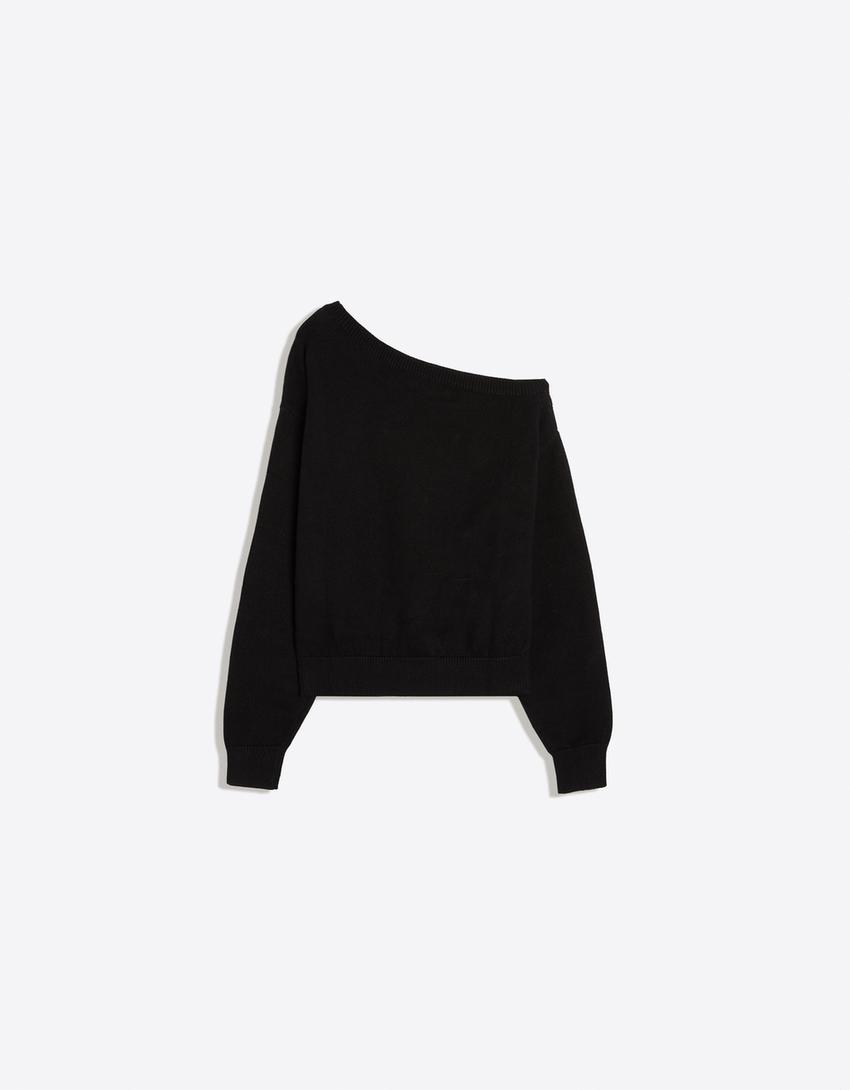 Suéter com decote barco bordado-Preto