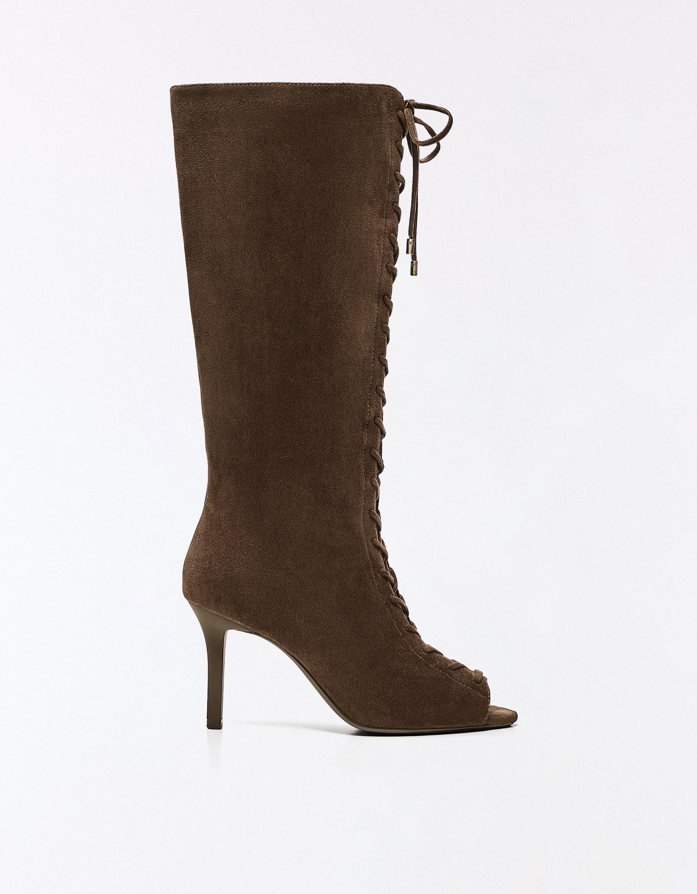 CORSET PEEP TOE HEEL BOOTS — Tan