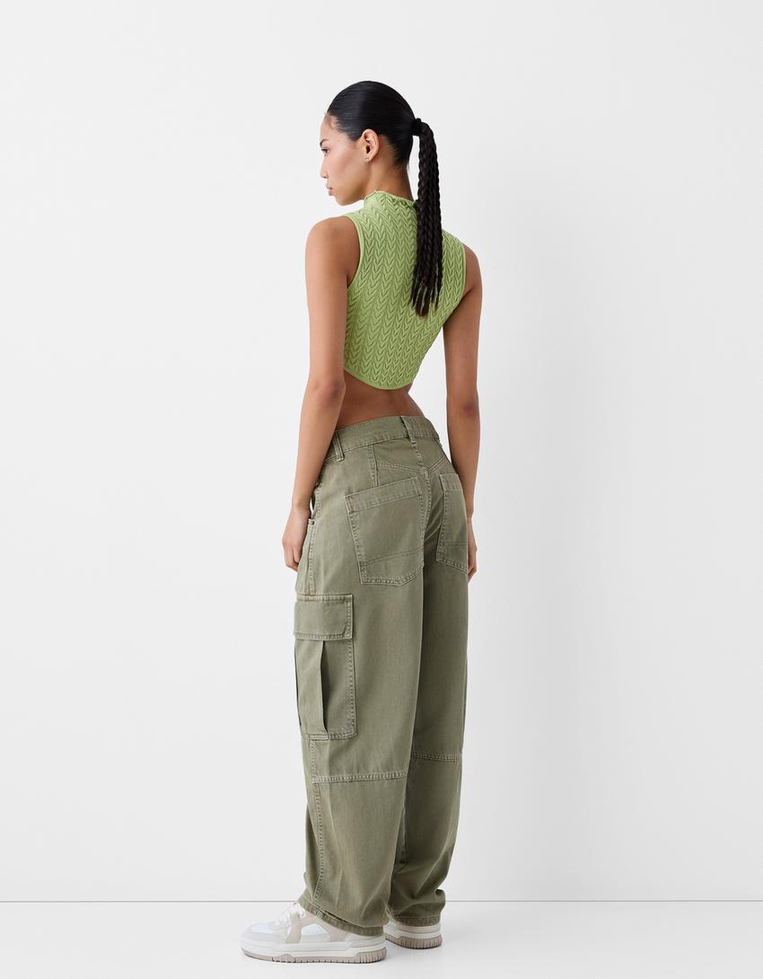 Sleeveless cable-knit top with high neck-Green-1