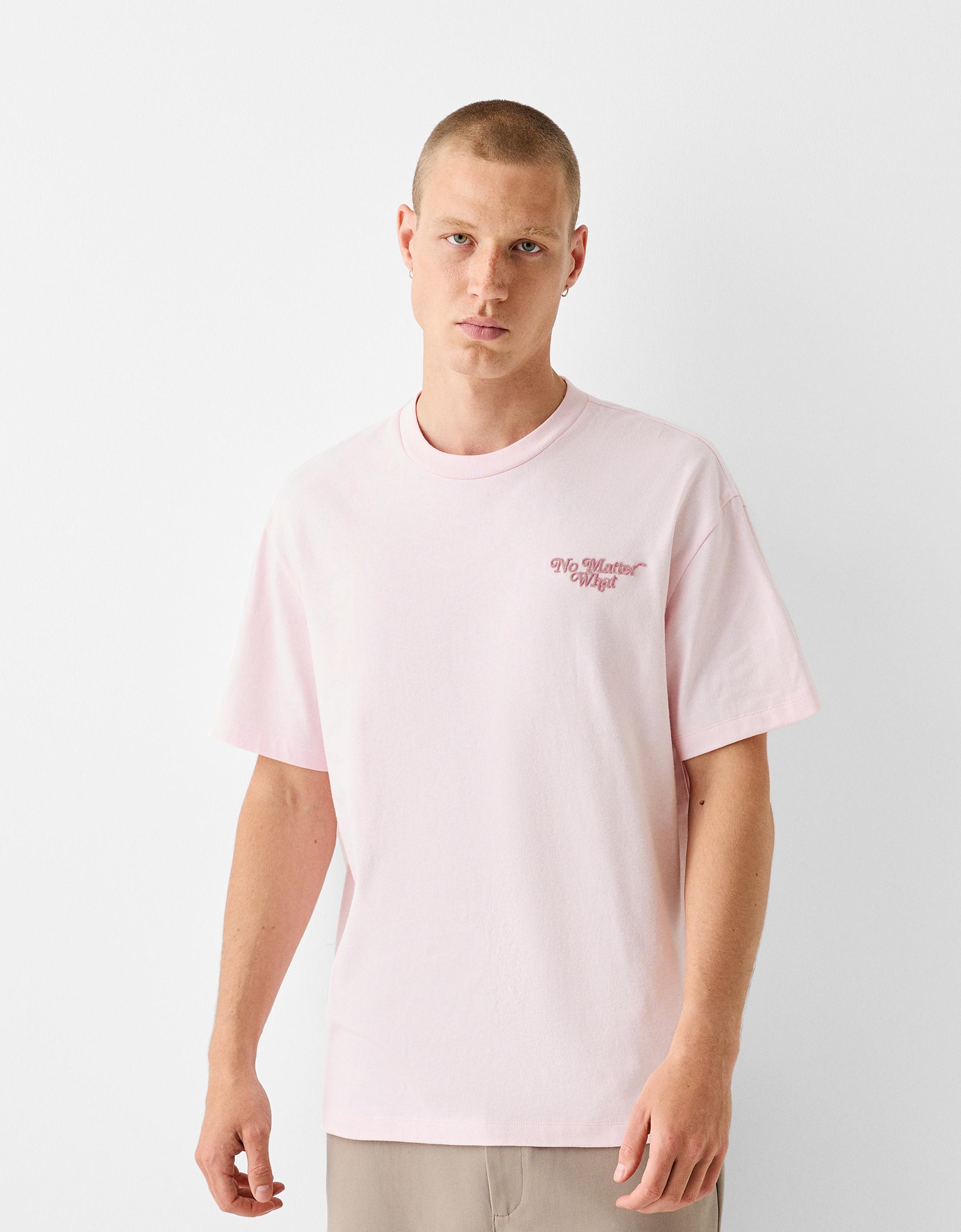 Bershka T-Shirt Im Boxy-Fit Mit Stickerei Herren Xs Rosa