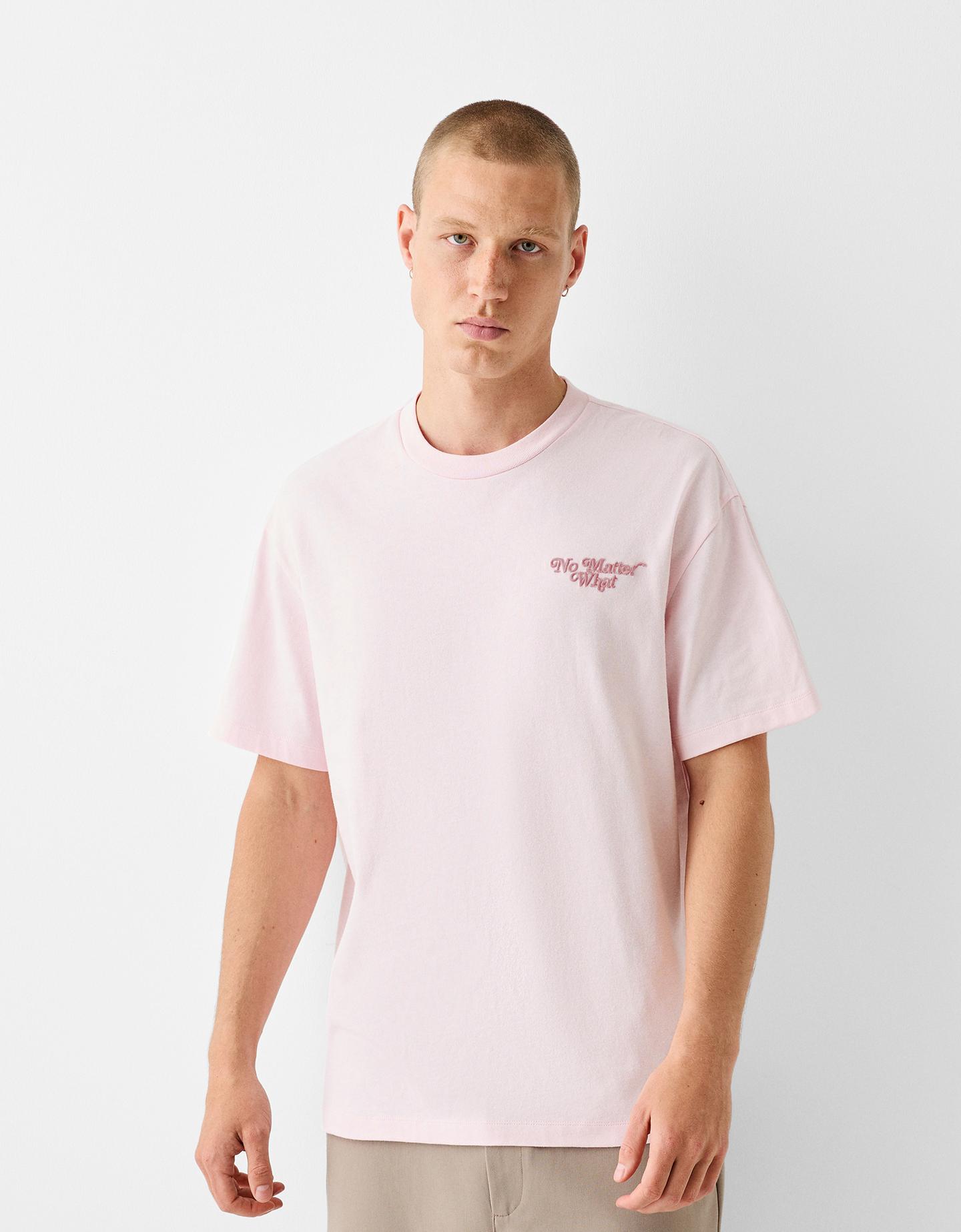 Bershka Maglietta A Maniche Corte Boxy Fit Con Ricamo Uomo M Rosa