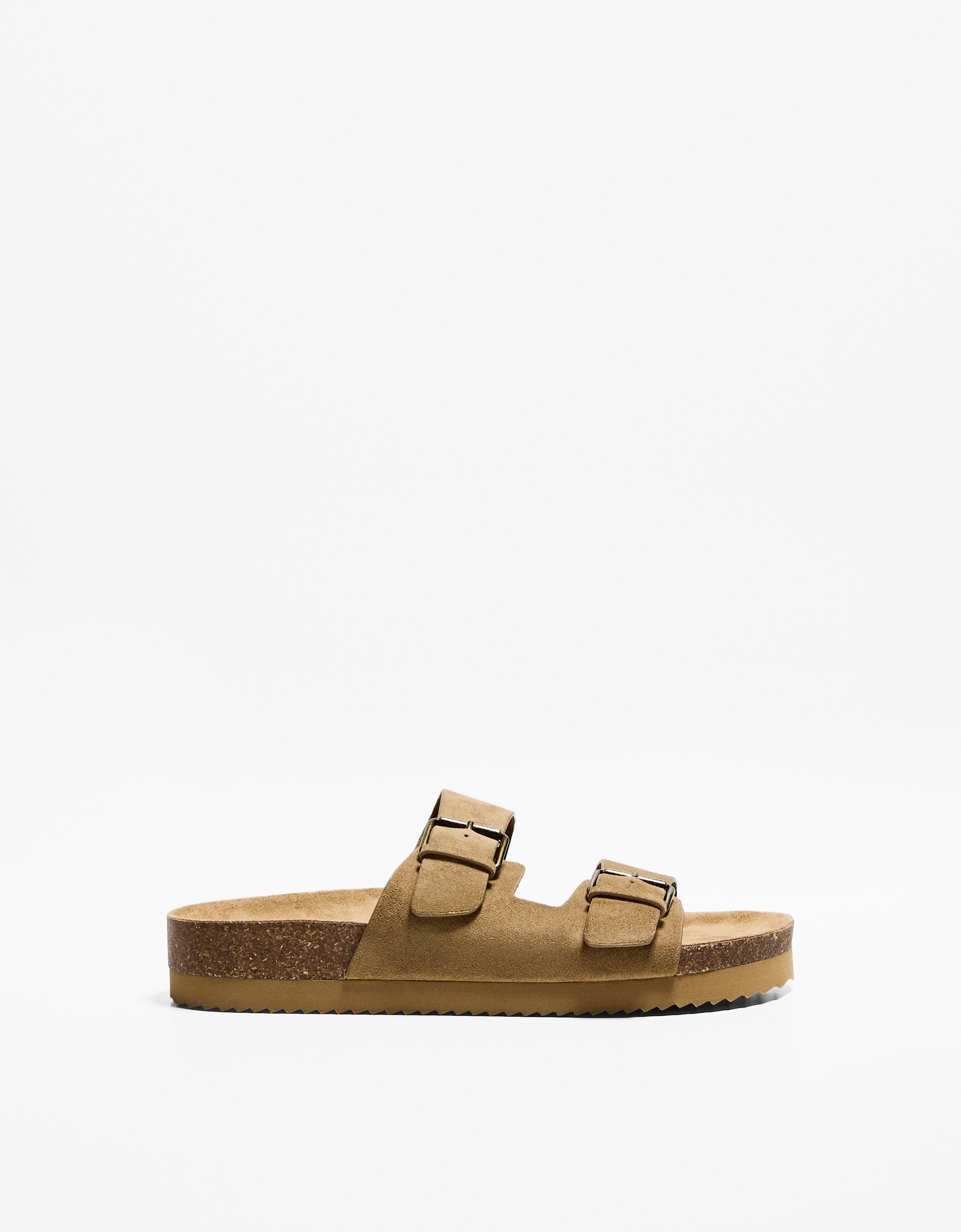 Bershka Flache Sandalen Aus Leder Mit Schnallen Herren 44 Sandfarbe