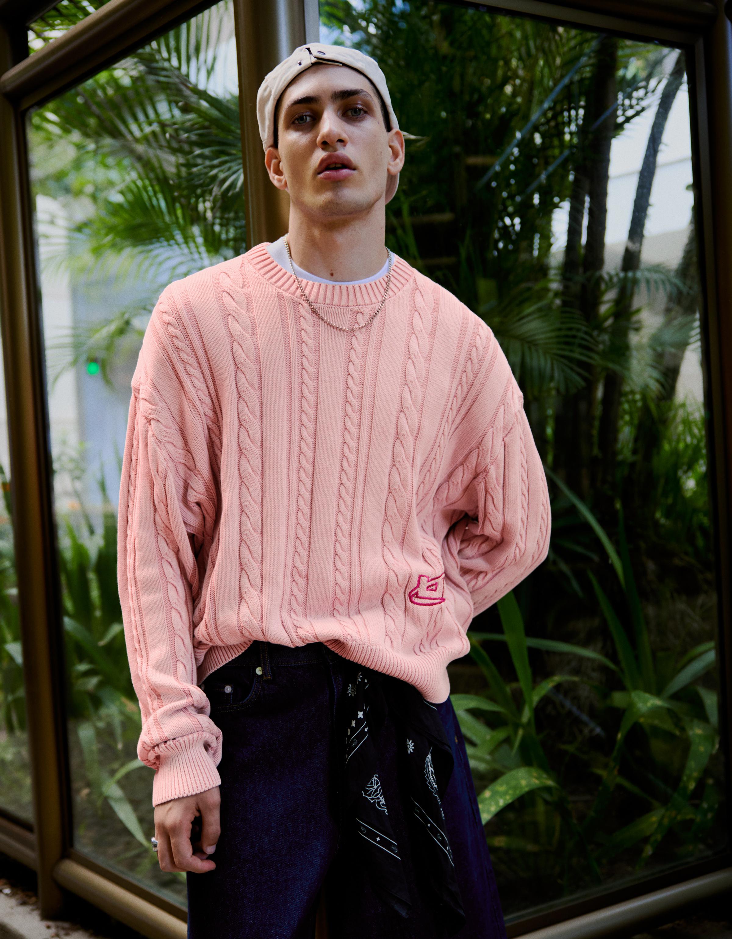 Pull Col Rond Torsadé M Rose