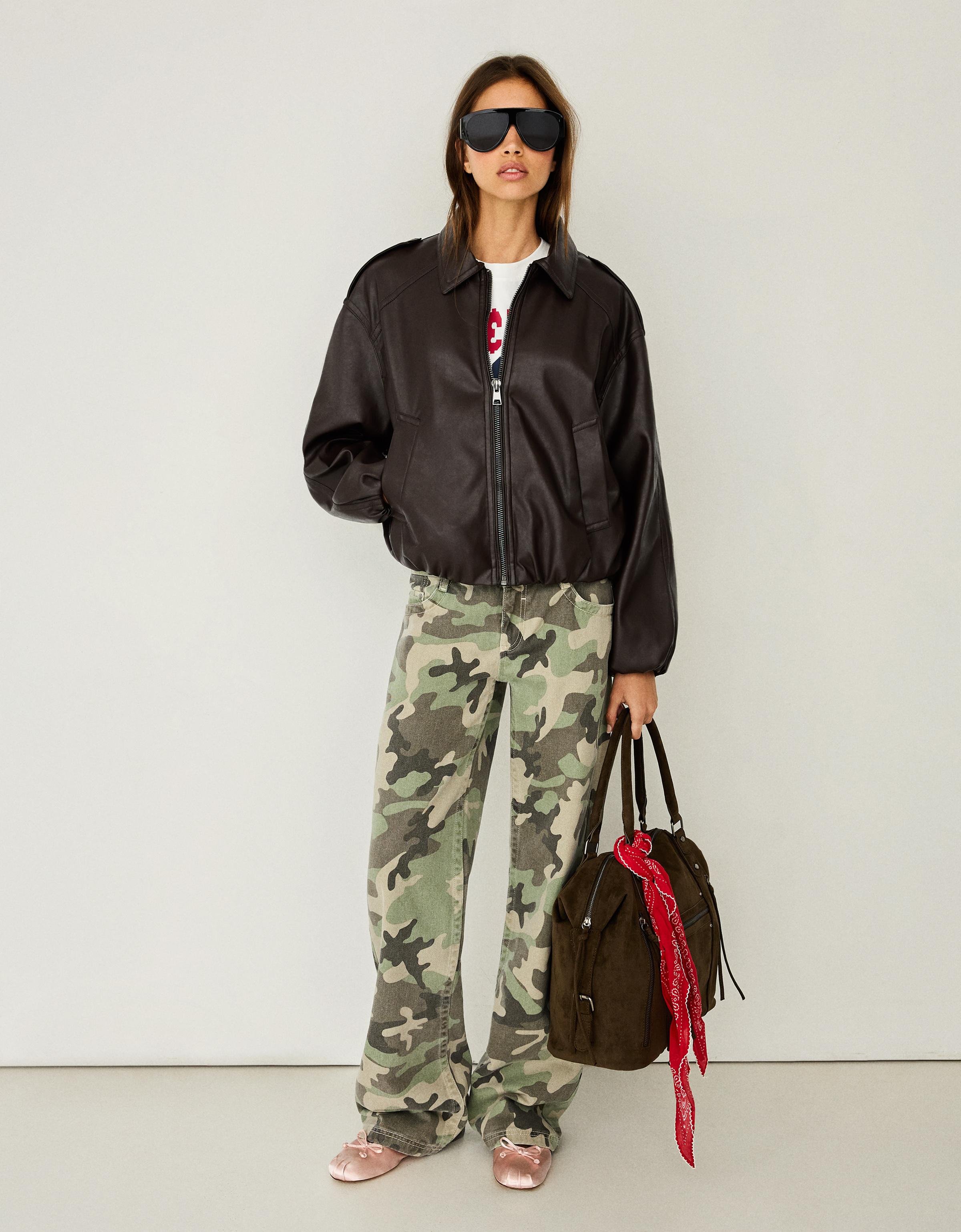 Printed straight-leg trousers — Khaki