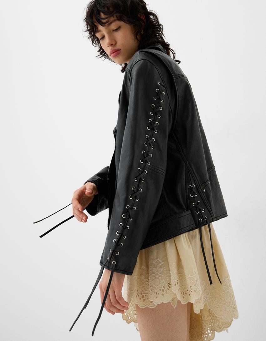 Leather biker jacket with tie detail-Black-2