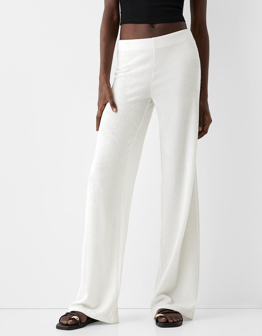 Релефен панталон с широки крачоли-Мръснобяло-1