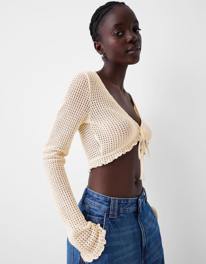 Camisola de manga comprida com renda de crochet-Bege-5