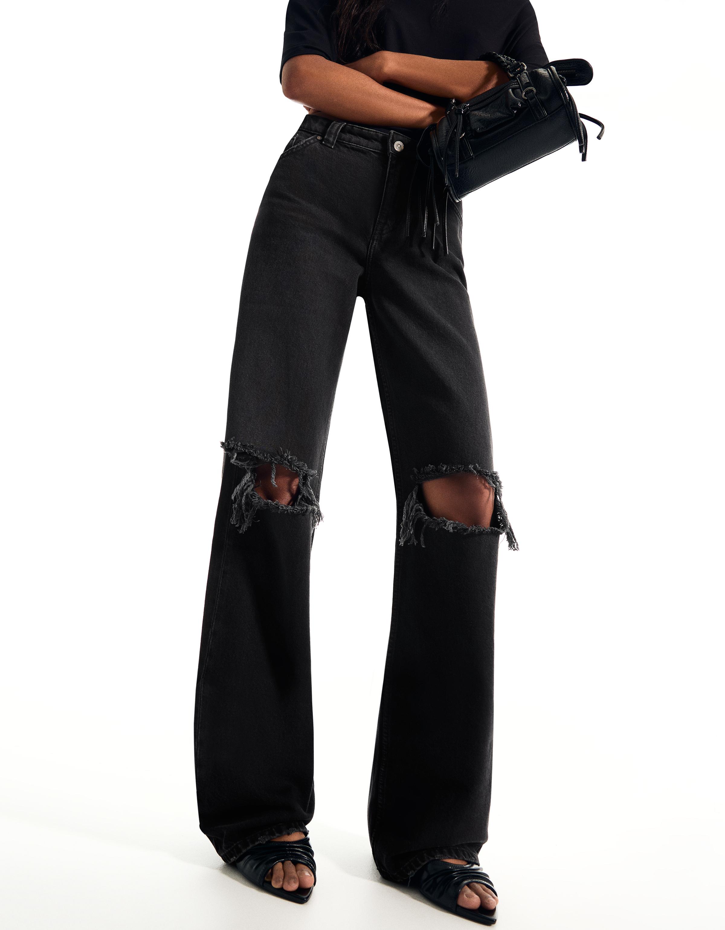 Yüksek bel distressed geniş paça jean - Görsel 86