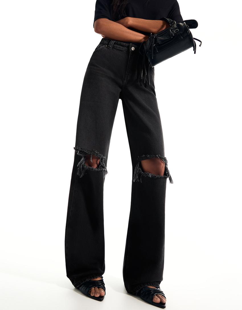 Jeans perna larga cintura subida rasgões-Preto