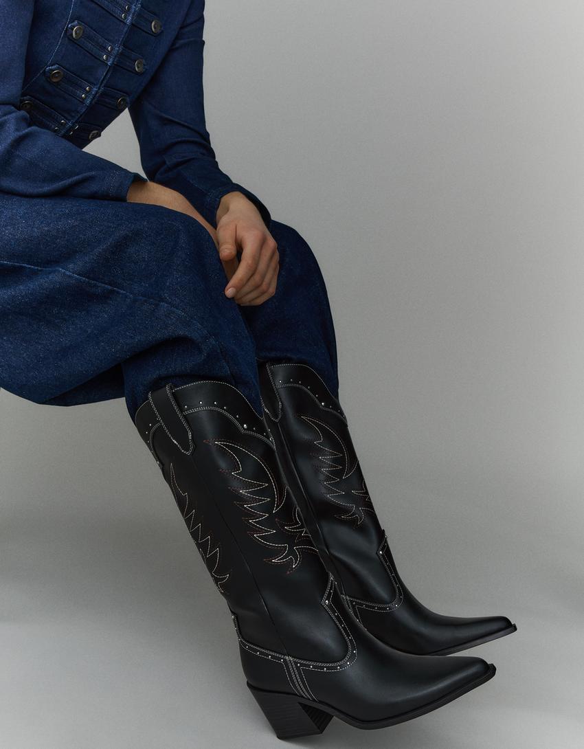 Cowboy studded heel boots-BLACK