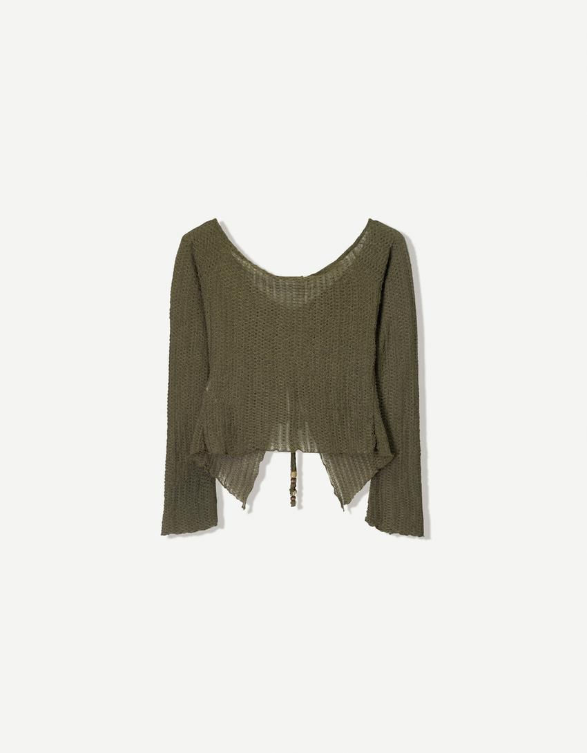 Rustic gathered knit sweater-Khaki