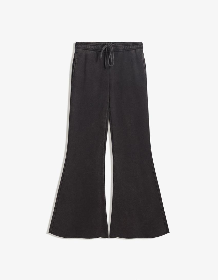 Pantalón flare felpa bajo deshilachado-Gris oscuro