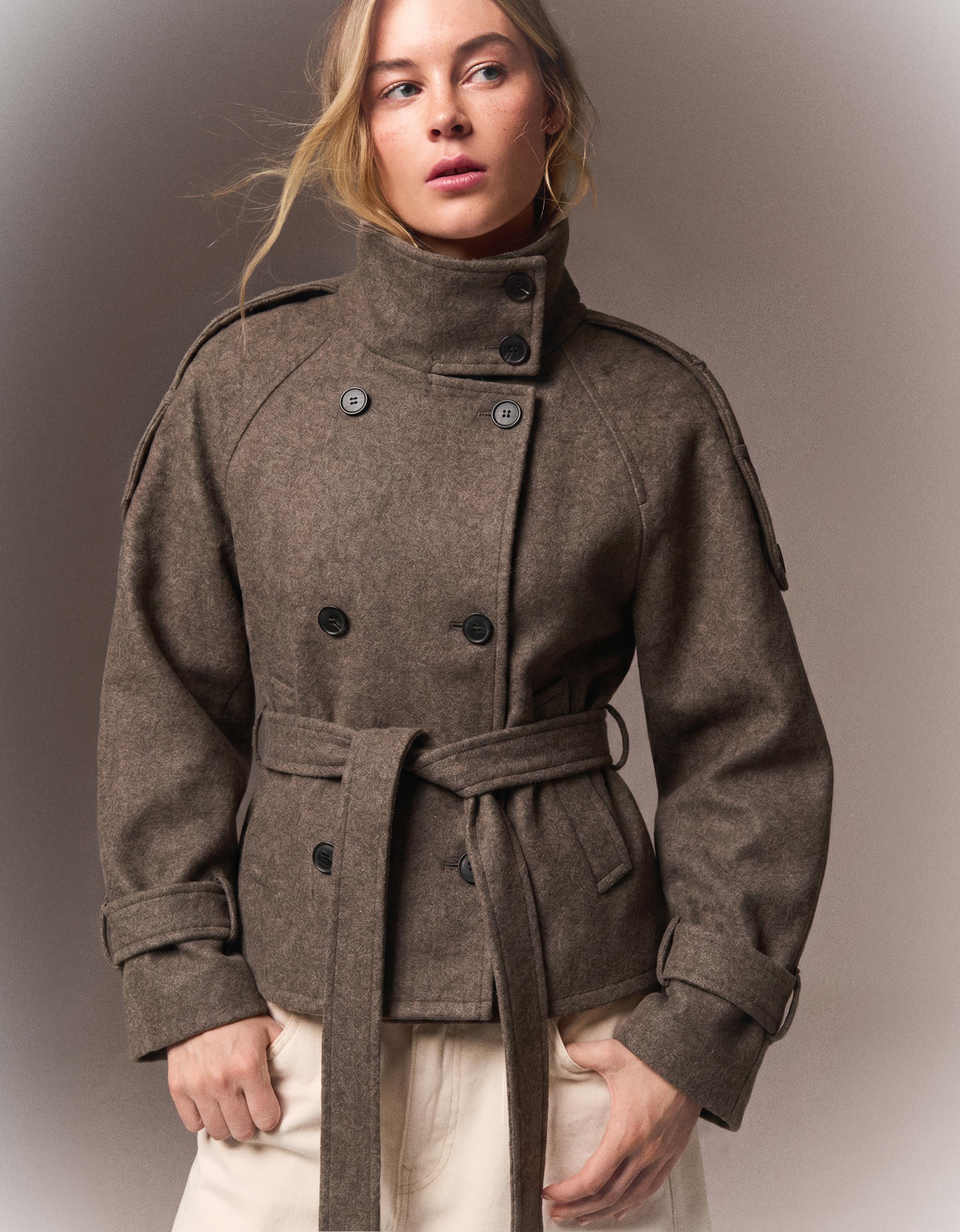 Bershka Cazadora Trench Cuello Funnel Mujer Visón