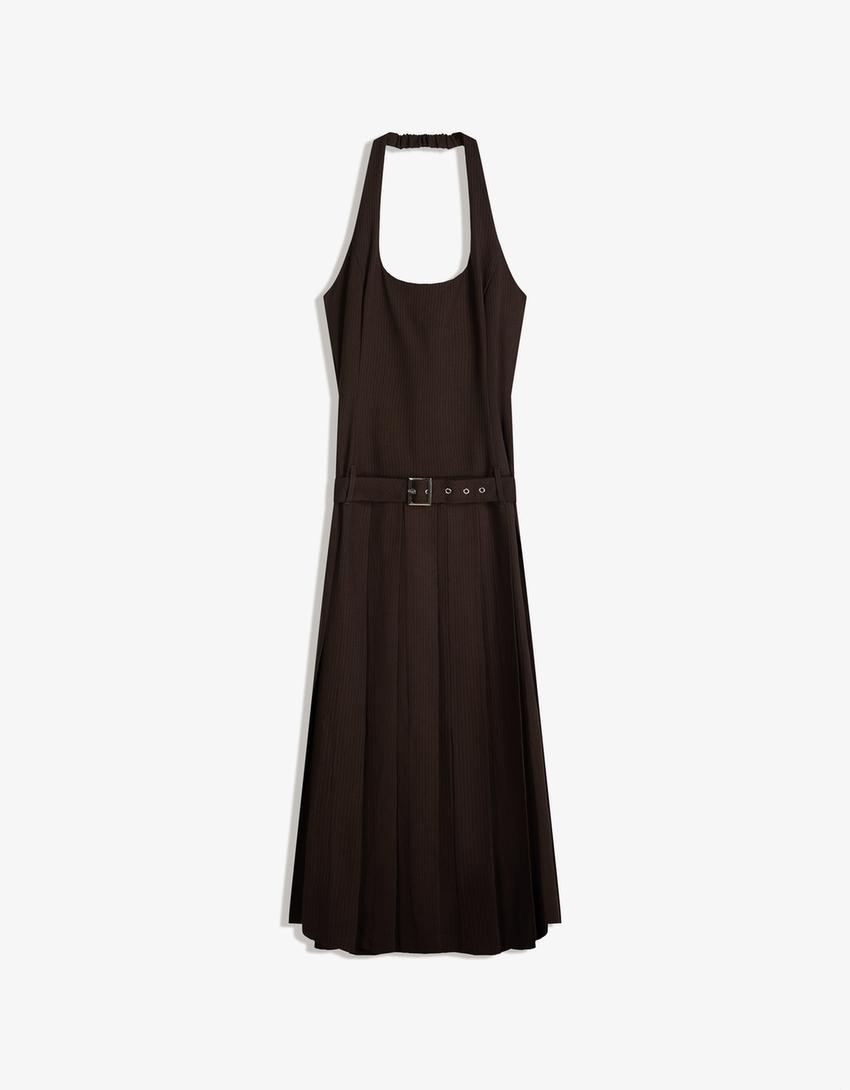 Halter mini dress with belt-Brown