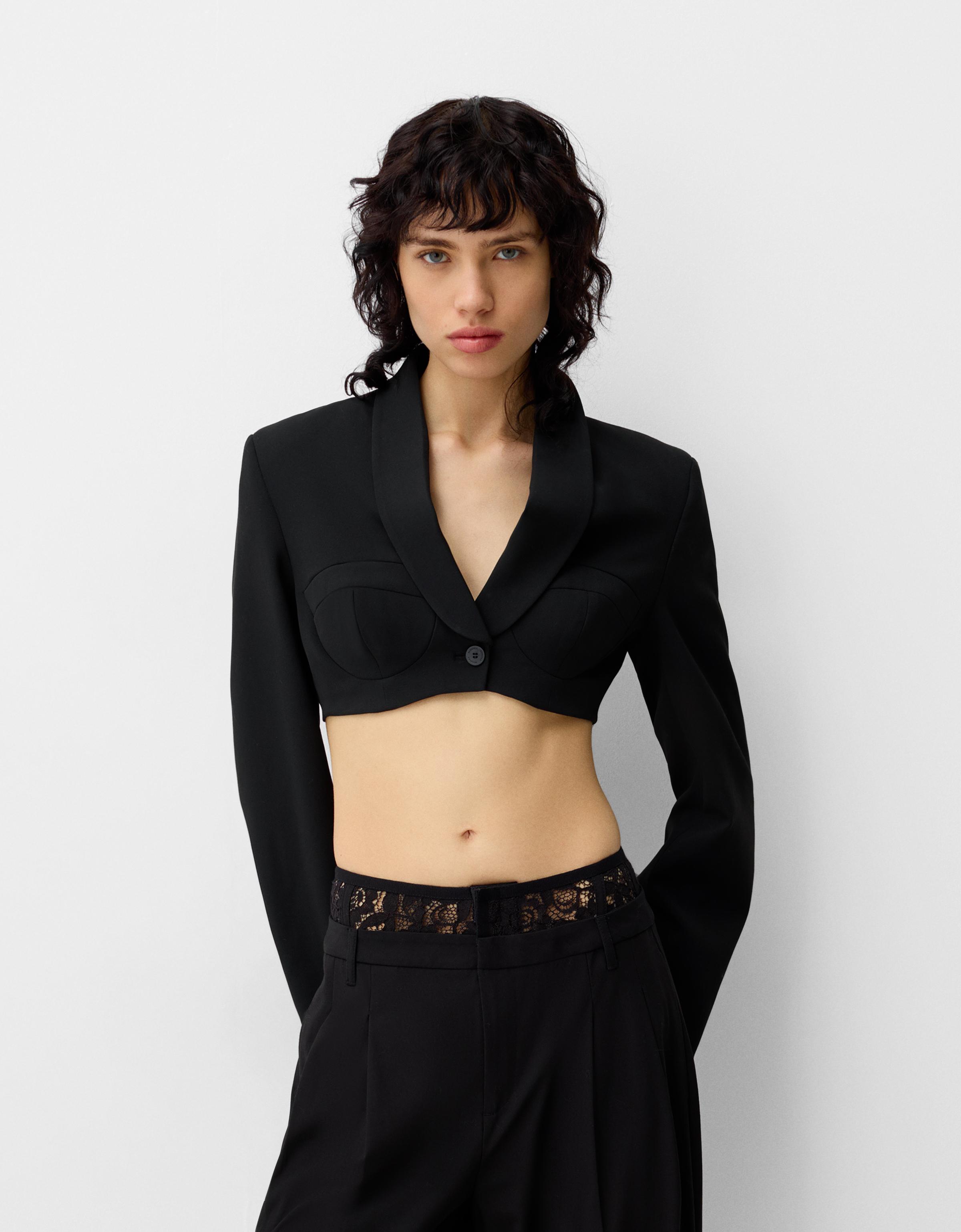 Bershka Cropped-Blazer Damen M Schwarz