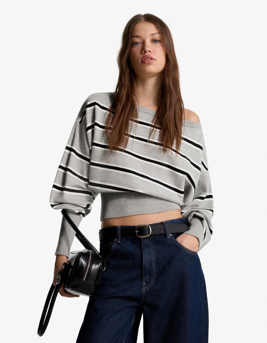 Pull asymétrique à ourlet côtelé-Gris