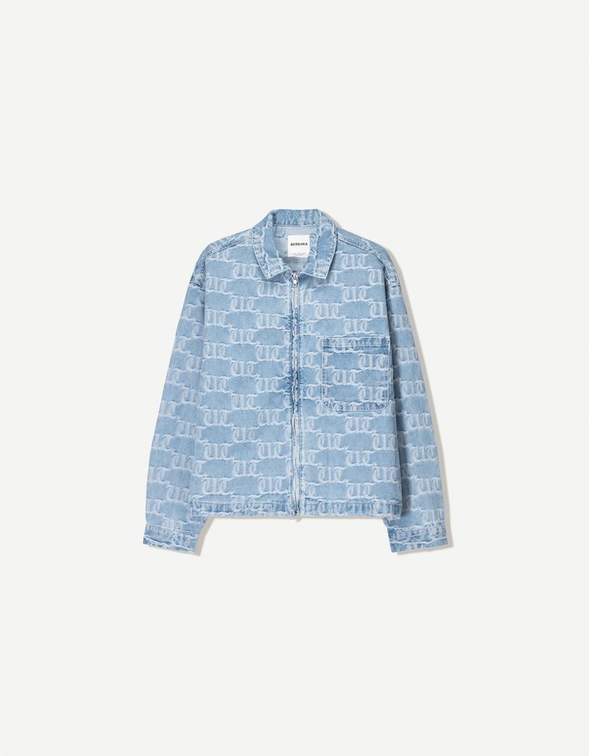 Denim jacquard overshirt with zip-Light blue-4